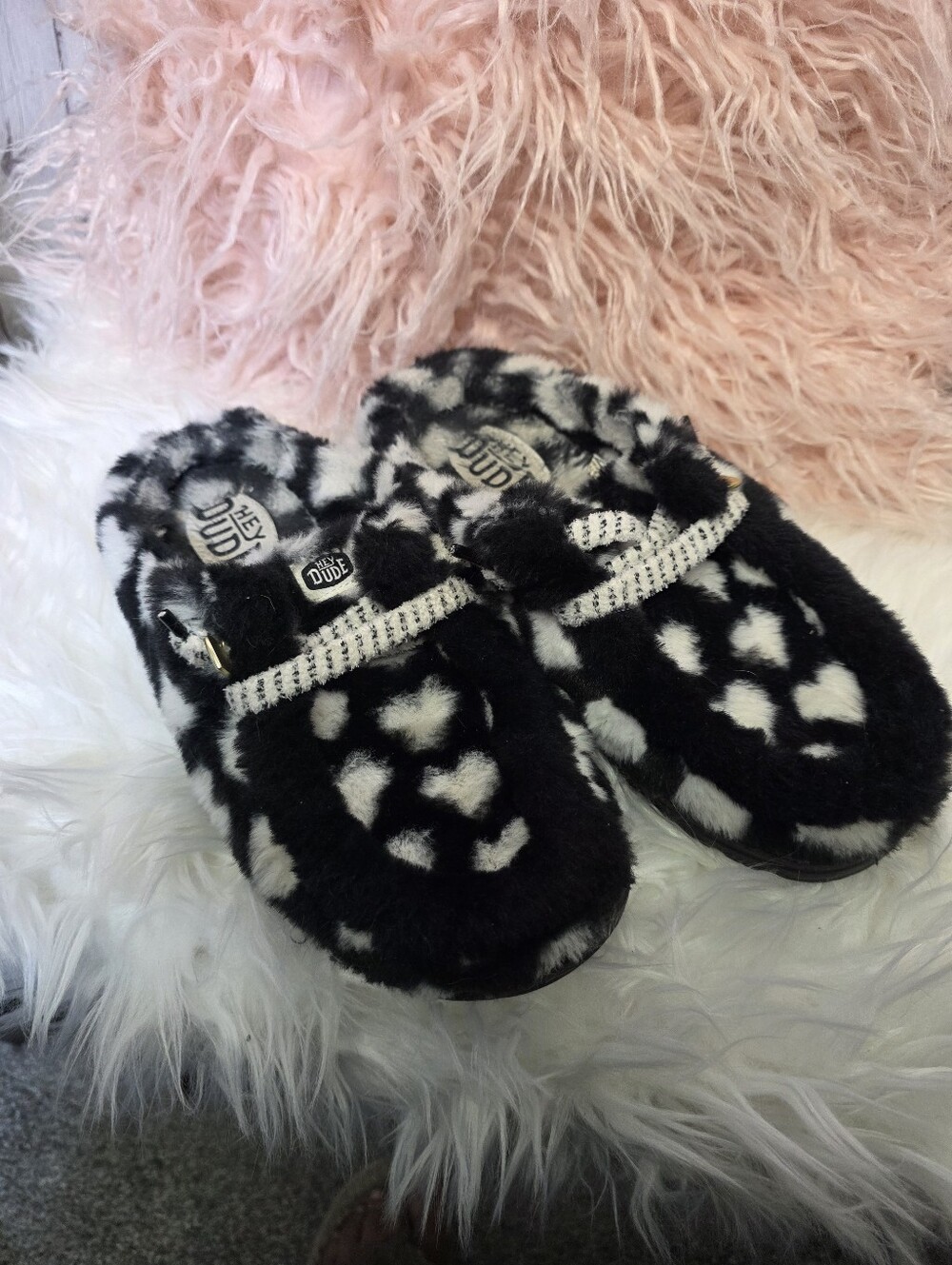 Hey Dude Black & White Fuzzy Heart Slip-On Slippers